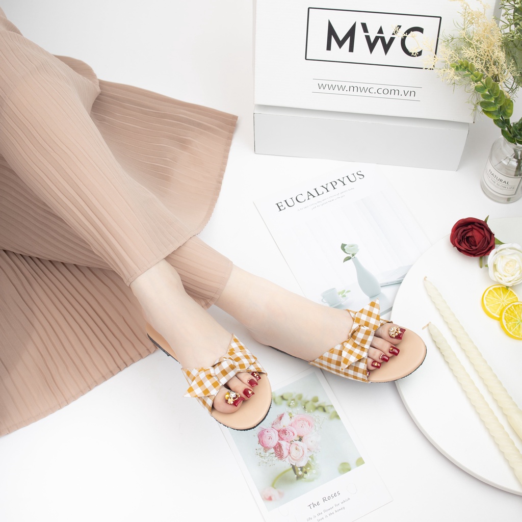 Dép MWC 3236 - Dép Nữ Đế Bệt, Dép Quai Ngang Mũi Tròn, Dép Quai Caro Thắt Nơ Nữ Tính, Hot Trend