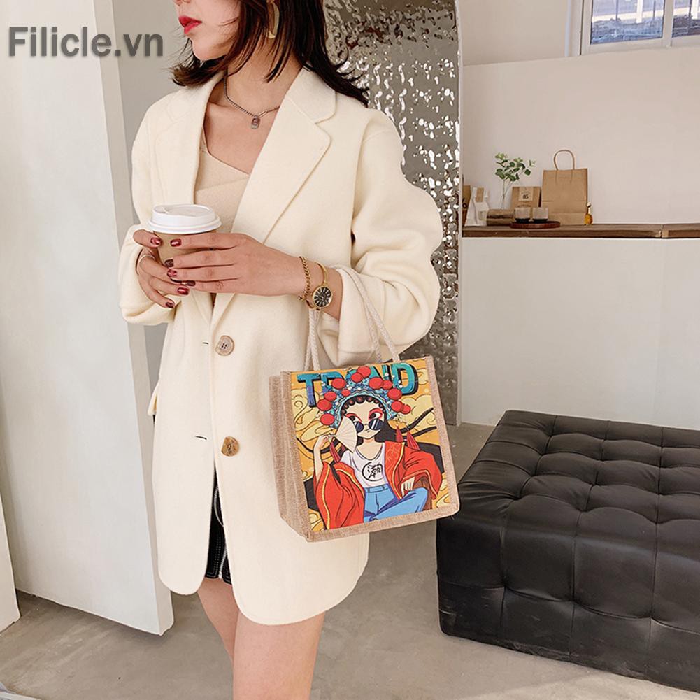 túi Cartoon Peking Opera Printed Handbag Women Canvas Big Capacity Shoulder Bag