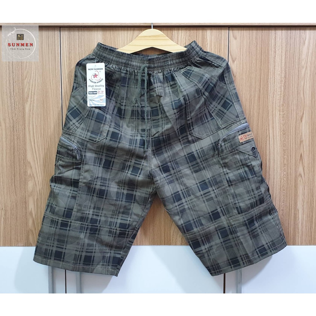 [HCM] Quần Short Nam Kaki Kẻ Caro Túi Hộp Lưng Thun Co Giãn From Rộng Trung Niên Có Túi Khóa Kéo Size Từ 50-90kg