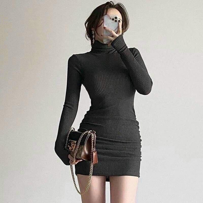 Đầm body cổ lọ ,đầm cổ lọ tay dài nhún sườn.Chất len tăm dày dặn,co giãn -xưởng thời trang 21A | BigBuy360 - bigbuy360.vn