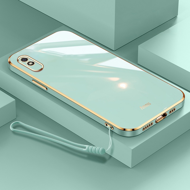 Ốp Điện Thoại Mềm Hình Vuông Mạ Viền Sang Trọng Có Dây Đeo Cho Xiaomi Redmi 9 9A 9T