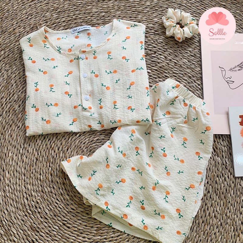 [Tặng cột tóc] Set bộ đồ ngủ pyjama cộc tay chất đũi xốp mát họa tiết cute đáng yêu Hàn Quốc Sollle
