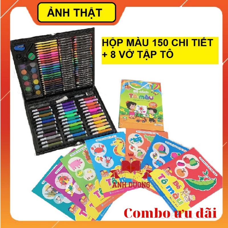 Hộp màu 150 chi tiết và sét tập tô 8 quyển đồ chơi cho bé học vẽ