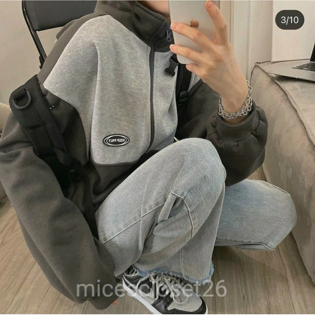 Áo khác nỉ phối màu KEEP PLAY. Khoác nỉ unisex dáng rộng 2 màu đen xám. | BigBuy360 - bigbuy360.vn