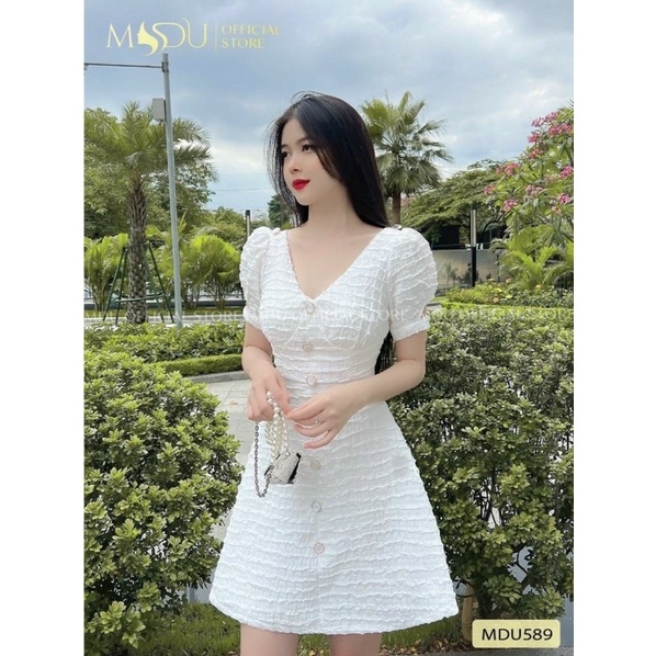 Đầm váy gấm cổ V tay phồng cột nơ sau phong cách tiểu thư sang chảnh - KÈM HÌNH THẬT USA FASHION