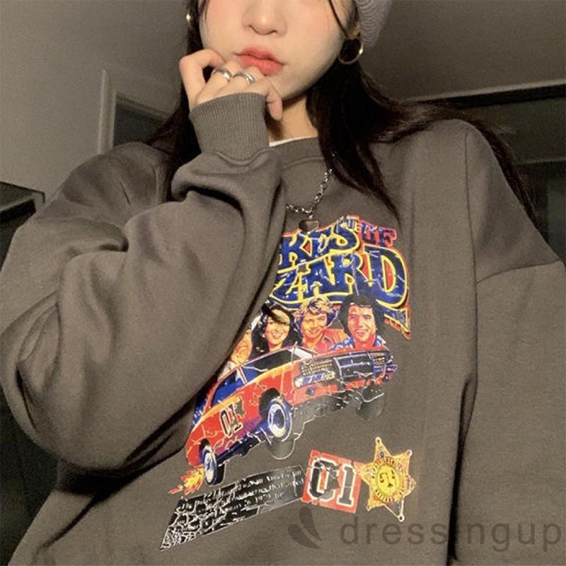 Áo nỉ tay dài cổ tròn dáng rộng in họa tiết hoạt hình thời trang cho nữ