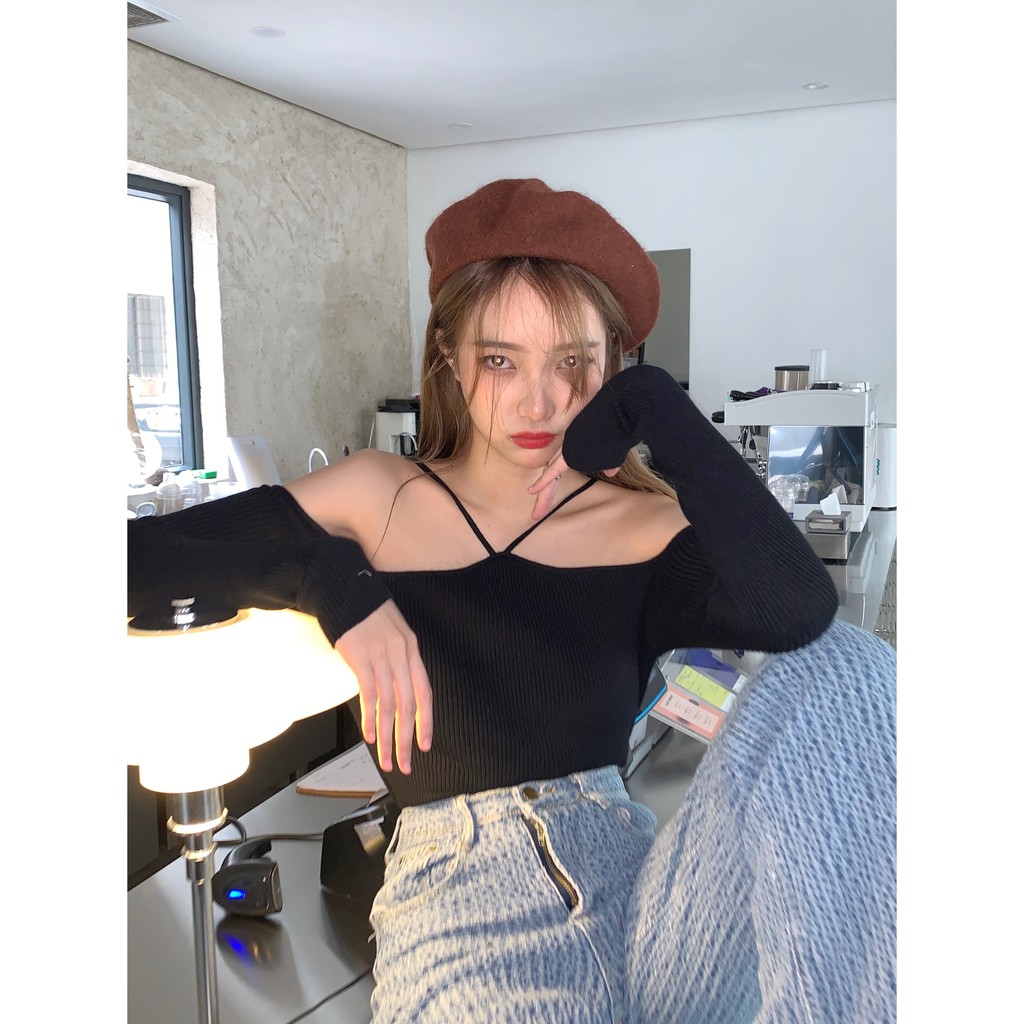 Áo dệt kim thiết kế trễ vai phong cách Hàn Quốc gợi cảm cho nữ