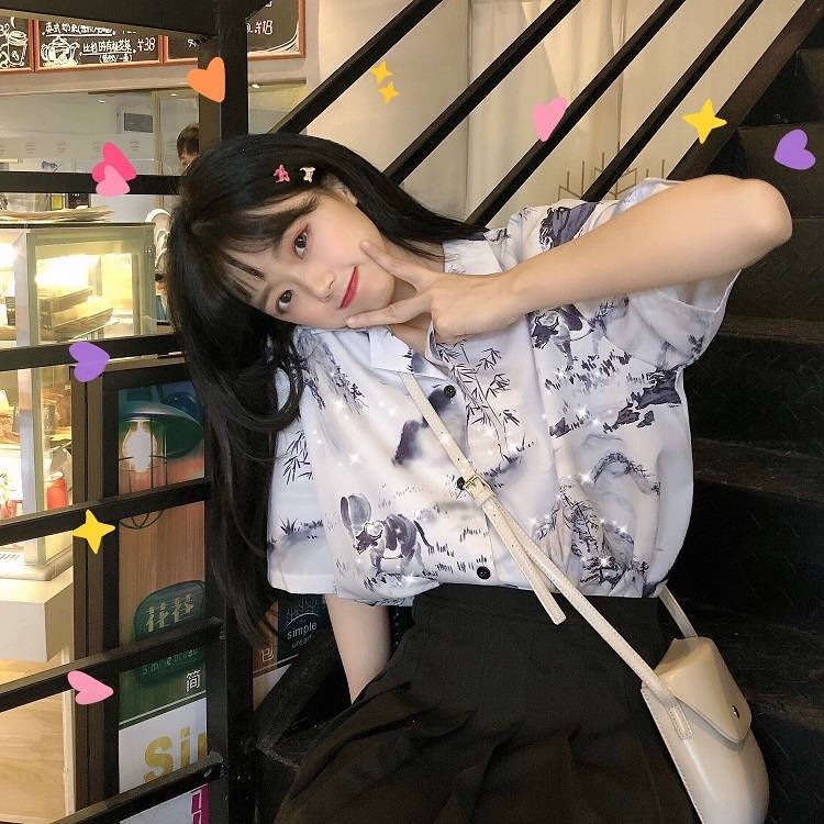 Áo Sơ Mi Tay Ngắn Họa Tiết Mực In Thời Trang Phong Cách Hàn Quốc Cho Nữ