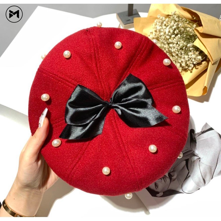 Mũ Beret Len Dày Đính Nơ Ngọc Trai Thời Trang Nhật Hàn Mới 2022