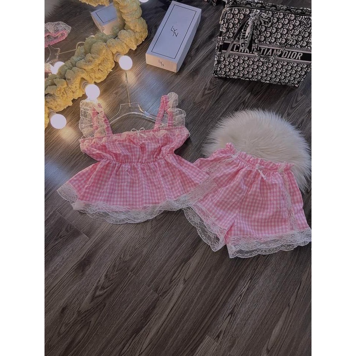 Bộ mặc nhà nữ, họa tiết caro, áo và quần phối ren siêu sexy, quyến rũ, vải và form đẹp, dễ mặc