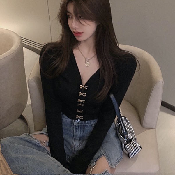 Cocory vn Áo croptop dệt kim tay dài cổ chữ V dáng ôm phong cách retro quyến rũ dành cho nữ