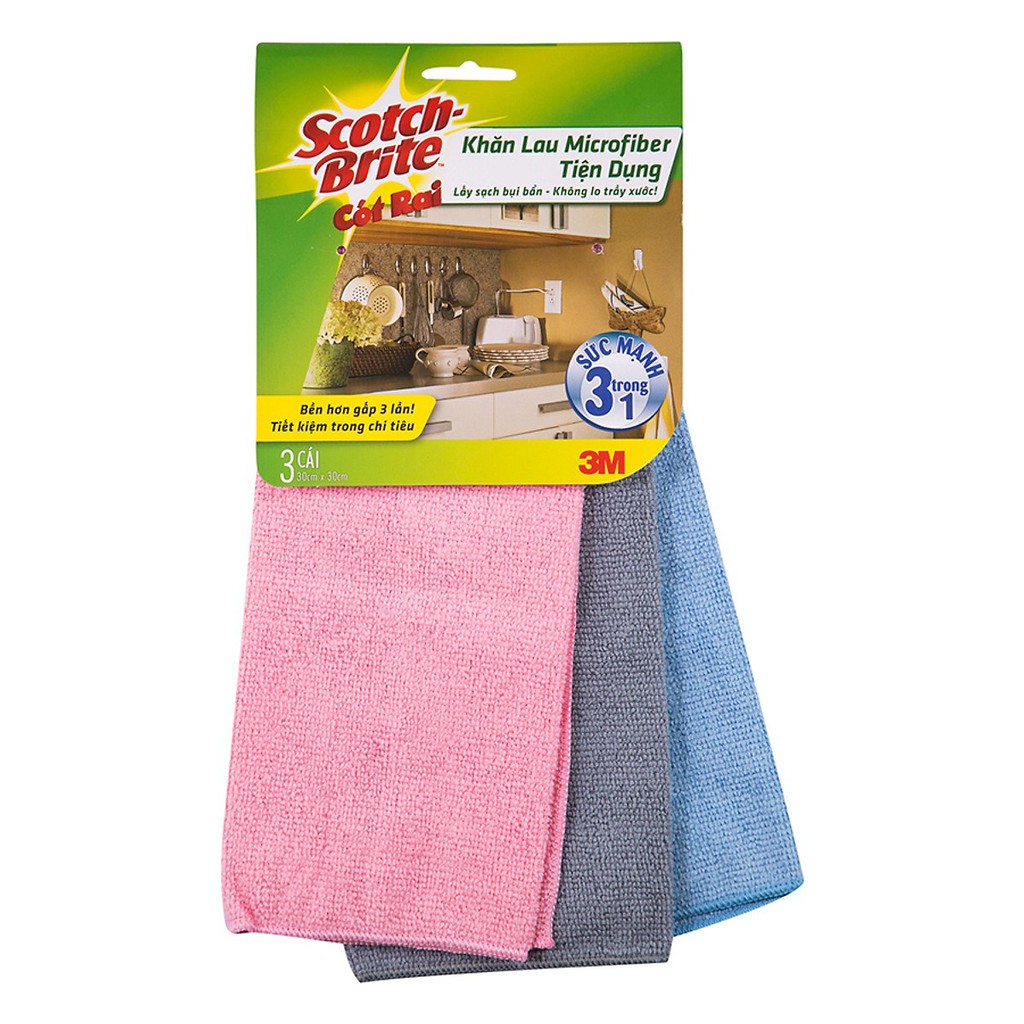 Combo 3 Khăn lau đa năng Microfiber Scotch Brite (Cót rai) 3M 2980 lau ô tô lau bếp lau mọi bề mặt