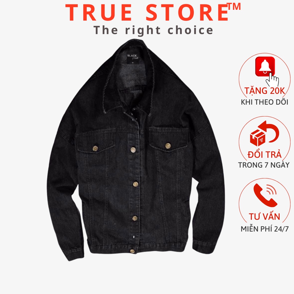 Áo khoác jean nam đen trơn không rách đơn giản, áo bò classic, True Store, AKJ005