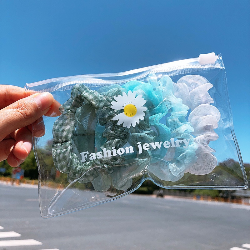 Set 5 Dây Buộc Tóc Scrunchies Túi Zip Hoa Cúc