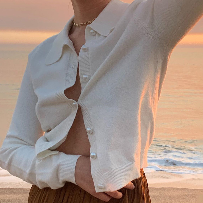 Áo kiểu cardigan dệt kim tay dài cổ lật phối nút thời trang quyến rũ dành cho nữ