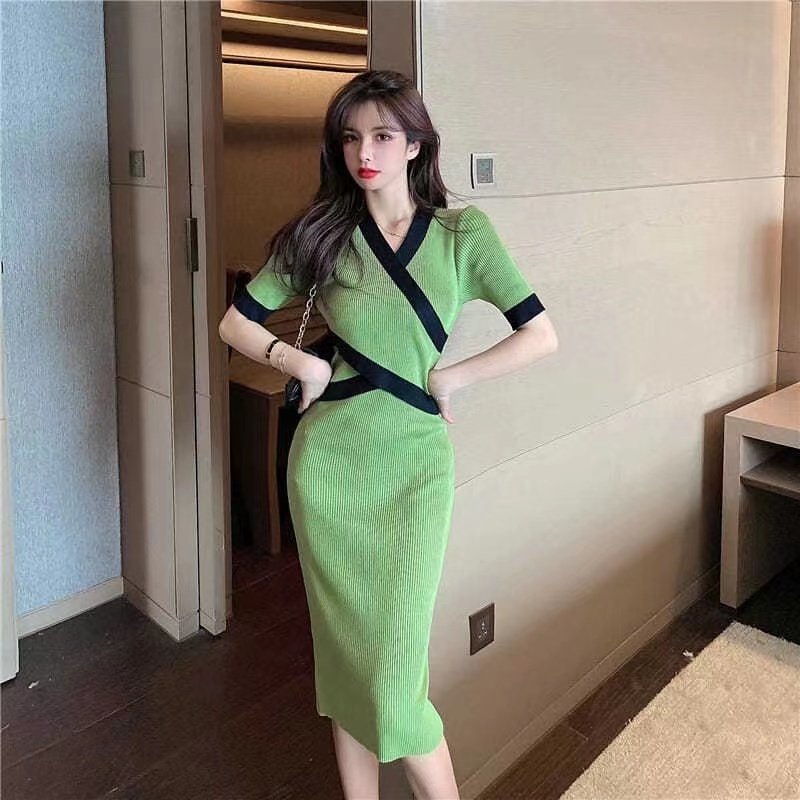 Đầm dệt kim SUXI cổ chữ V tay ngắn màu sắc đơn giản thời trang mùa hè dành cho nữ