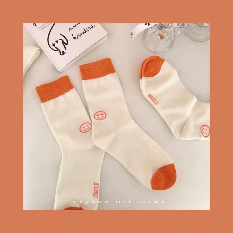 Vớ Thể Thao Cổ Vừa Màu Trơn In Hình Mặt Cười Phong Cách Hàn Quốc Nhật Bản Cho Nam Nữ