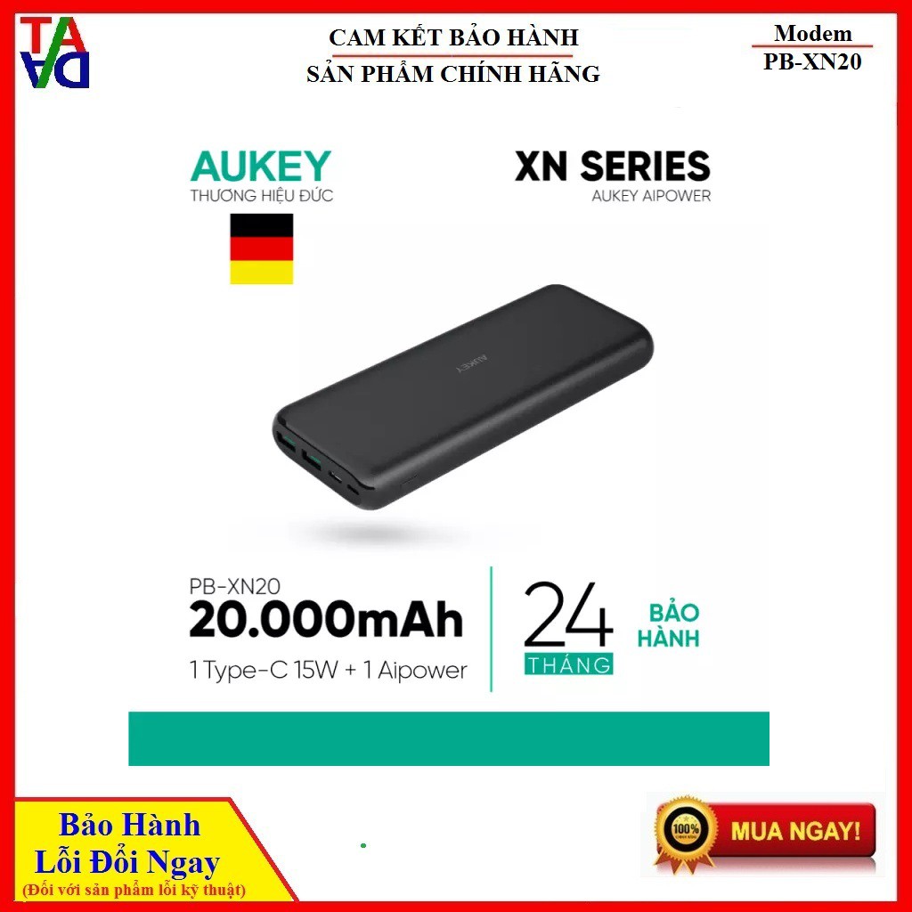 Pin Sạc Dự Phòng 20000mAh Aukey PB-XN20 2 Cổng AiPower Tích Hợp Cổng Type C In/Out 15W