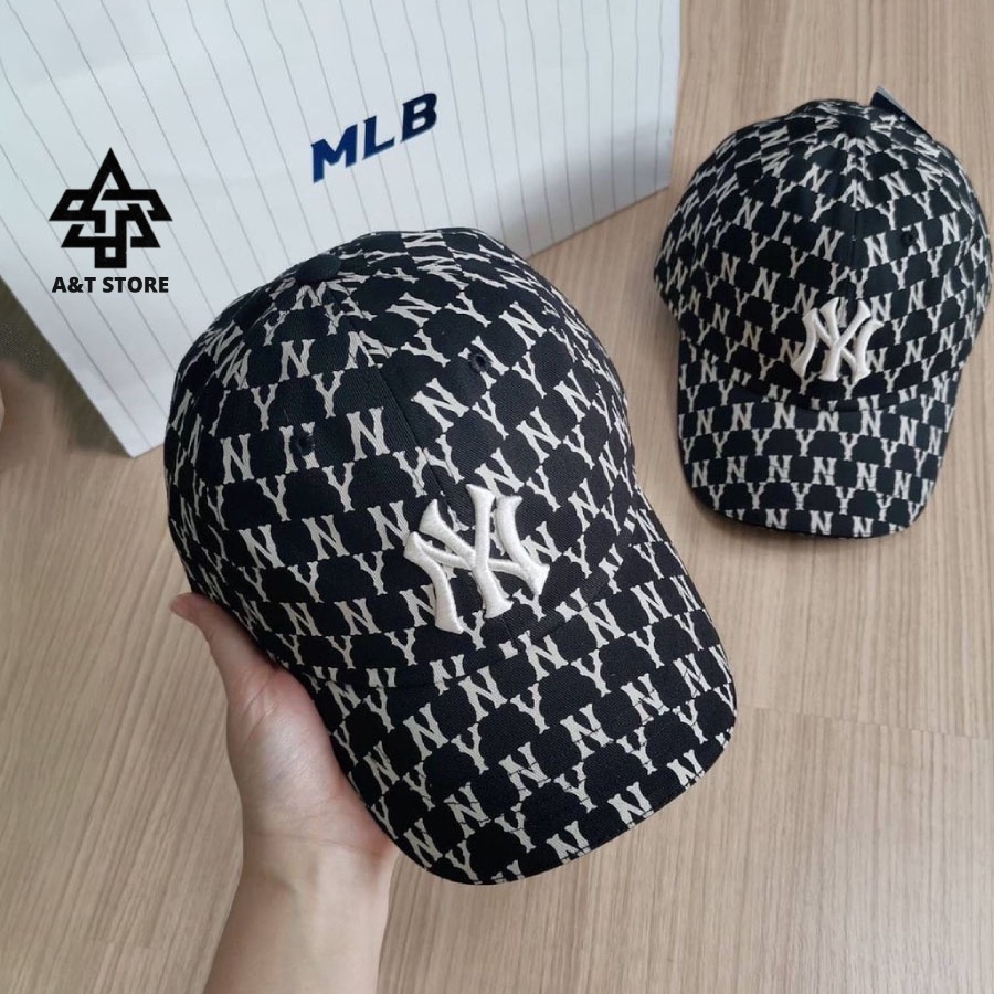 Mũ Nón MLB NY  Đen Monogram Baseball Cap Black Full Tag Code
