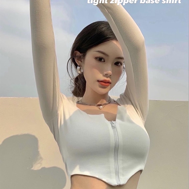 [HOT] ÁO THUN CROPTOP TAY PHỐI KHOÁ KÉO HỞ NGỰC TÀ NHỌN SEXY CÁ TÍNH, chizishop