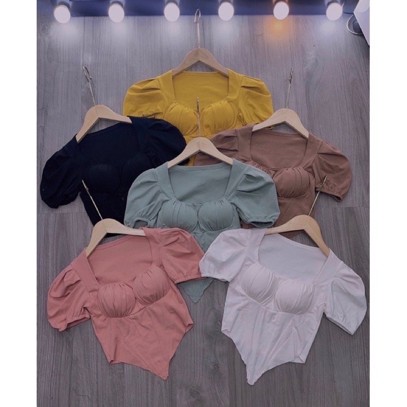 Áo thun body croptop tay ngắn nhún ngực vạt bầu nhọn ( SALE )