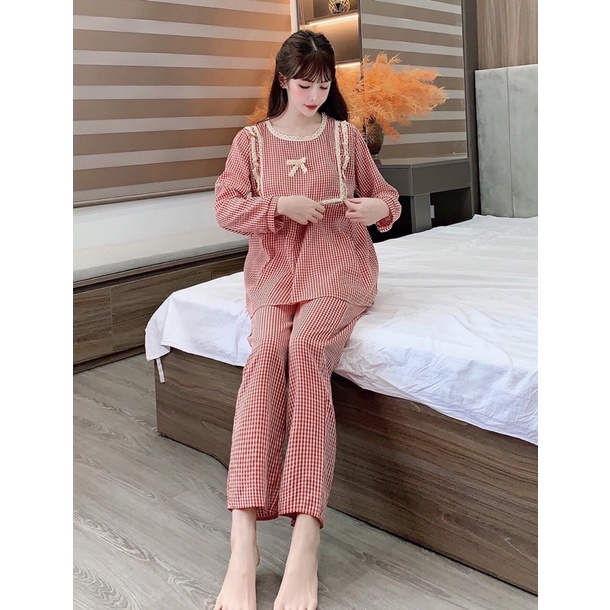 Bộ pijama Hoạ tiết kẻ ô phối ren dành cho bầu và sau sinh mặc nhà siêu thoải mái
