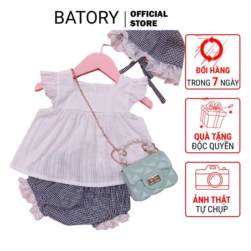 Đồ bộ bé gái màu trắng caro đen hàng thiết kế TẶNG KÈM NÓN chất liệu mềm mại mát mẻ BATORY STORE Thời trang thiết kế