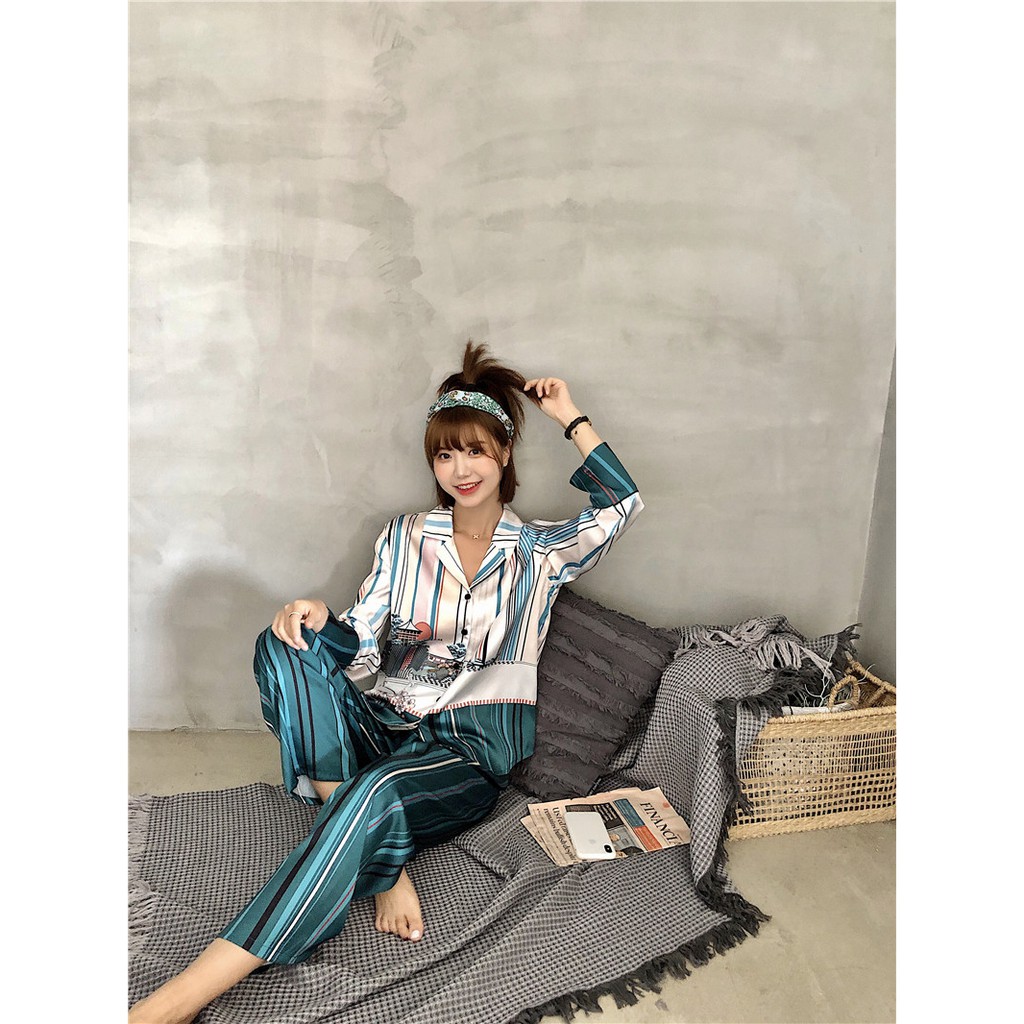 Bộ pijama lụa satin sọc xanh siêu xinh - đồ ngủ cao cấp bigsize 65kg