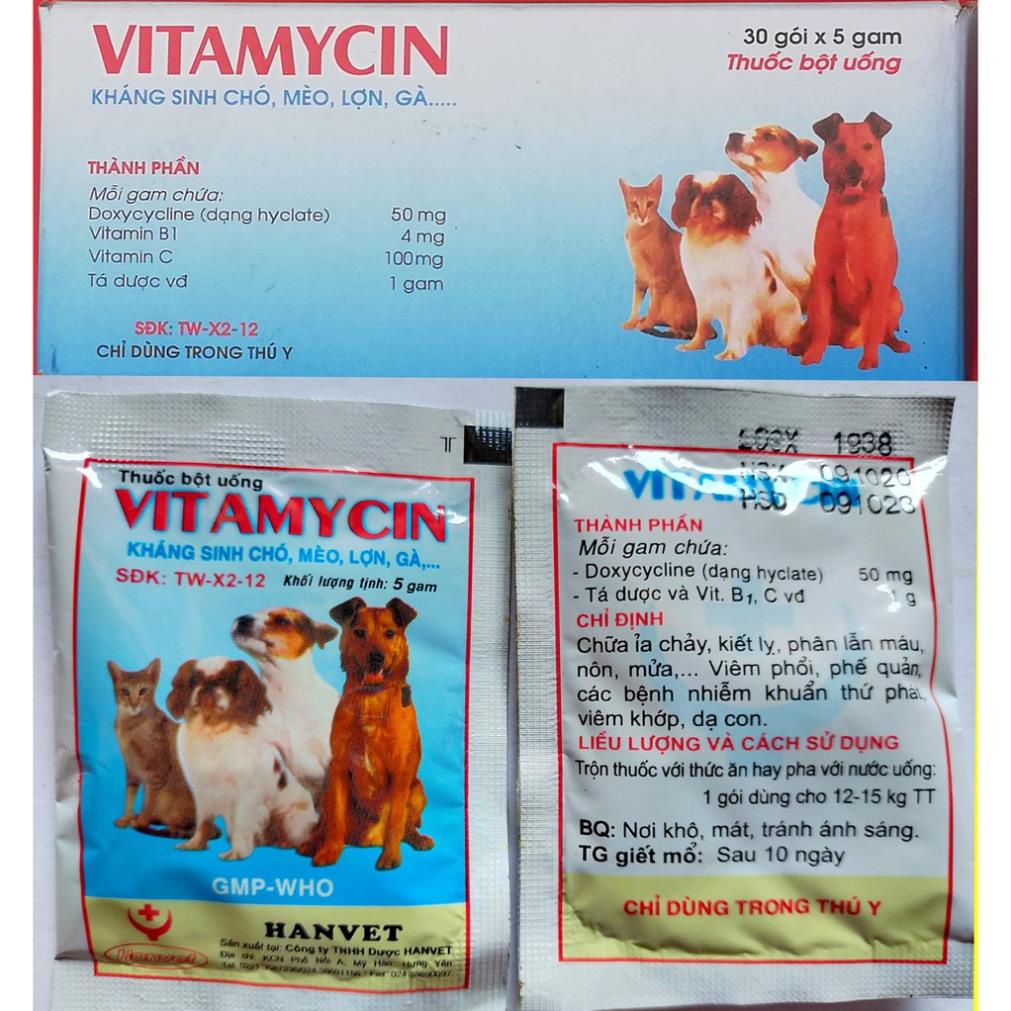 Vitamycin gói 5gr Kháng sinh chó mèo - đi ỉa chó kiết lị chó dạng uống