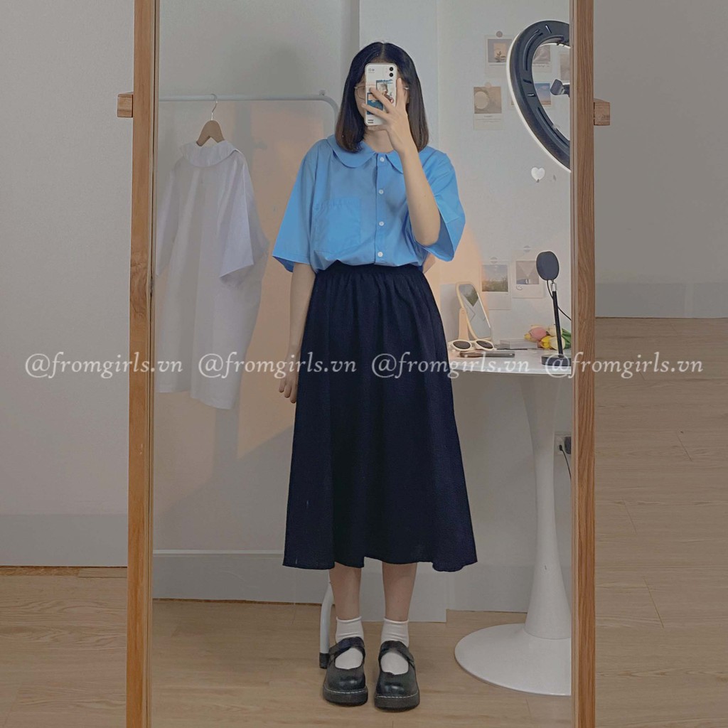 Sơ mi tay lỡ, áo sơ mi học sinh cổ sen ulzzang Hàn Quốc  - SM10FG
