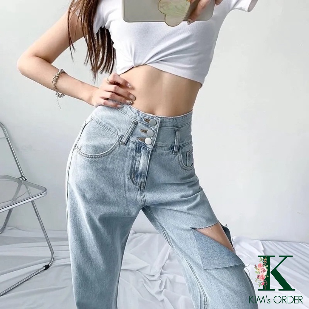 Quần Jean Nữ Cạp Cao 3 Cúc Màu Xanh Bạc Ống Suông Lưng Cao Phong Cách Hàn Quốc Hàng Quảng Châu Chất Jeans Mặc Hàng Ngày