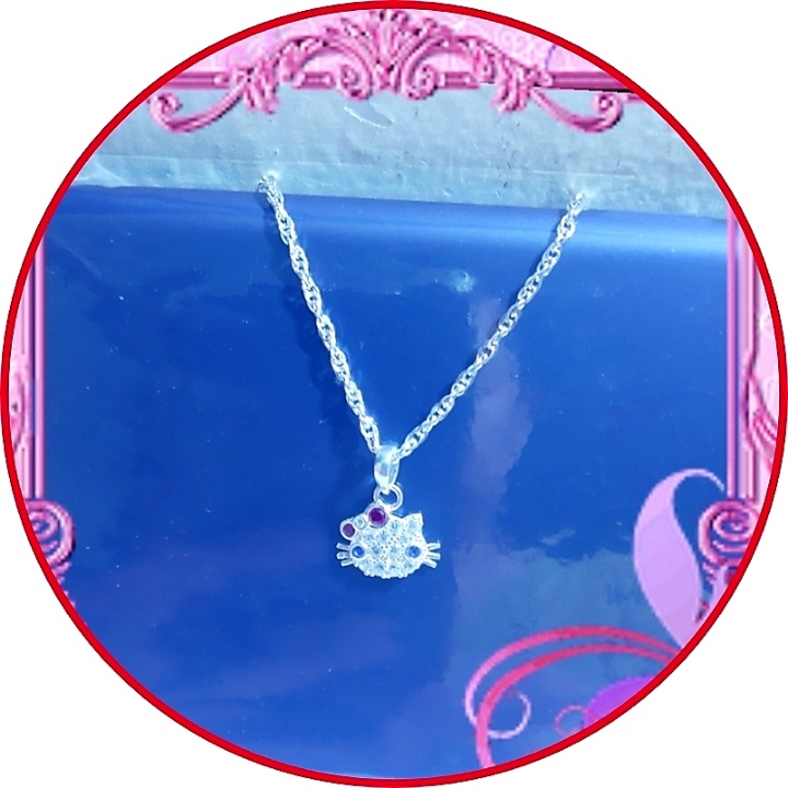 Dây chuyền bé gái bạc ý nguyên chất silver kim tuyen mặt mẫu mèo nơ đỏ trắng