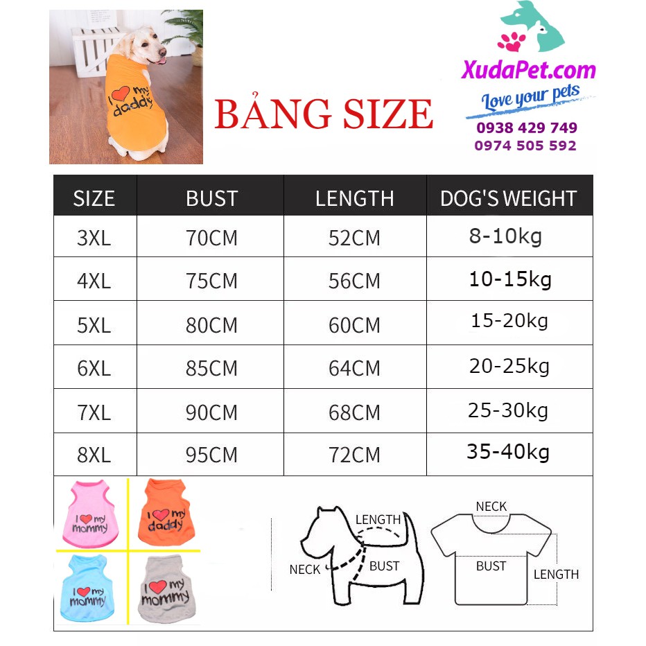 Áo 3 Lỗ Cho Chó Lớn I Love Mommy/ Daddy vải thun co giãn cao cấp,  phong cách đáng yêu cho cún cưng - SP005150