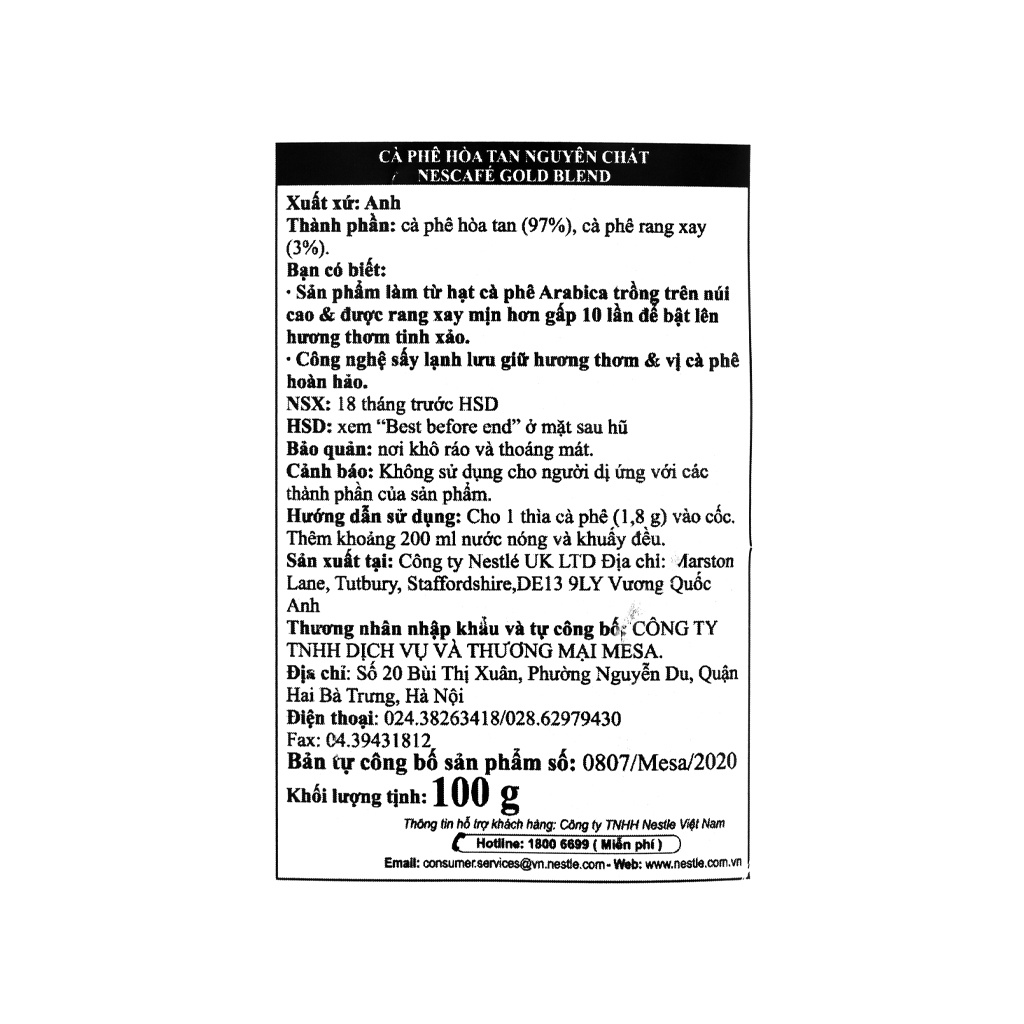Cà Phê Arabica nguyên chất hoà tan Nescafé Gold Blend 100gram - Nestlé | BigBuy360 - bigbuy360.vn