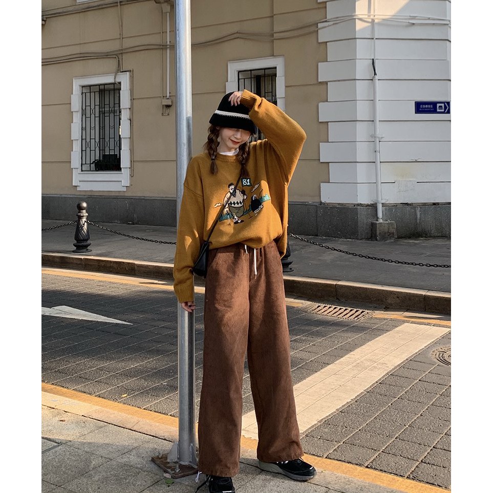 Quần Nhung Tăm Nữ Dây Rút - Rere.Store [FREESHIP] - Jogger dài form rộng dáng suông cạp chun Ulzzang