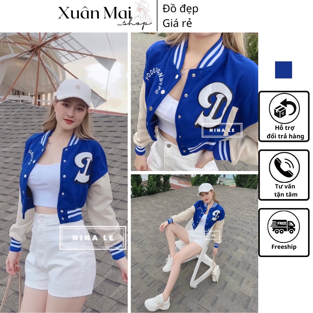 [FREESHIP] Áo khoác nữ croptop bomber chữ D chất nỉ dày phối xanh trắng siêu xinh