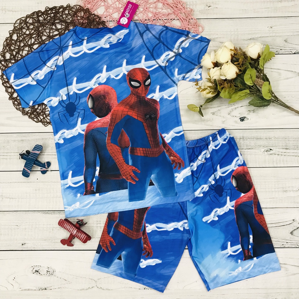 Đồ bộ bé trai, bộ thun lạnh cộc tay bé trai in 3D hình siêu nhân Người Nhện - Spider Man size đại cho bé từ 10 - 60kg