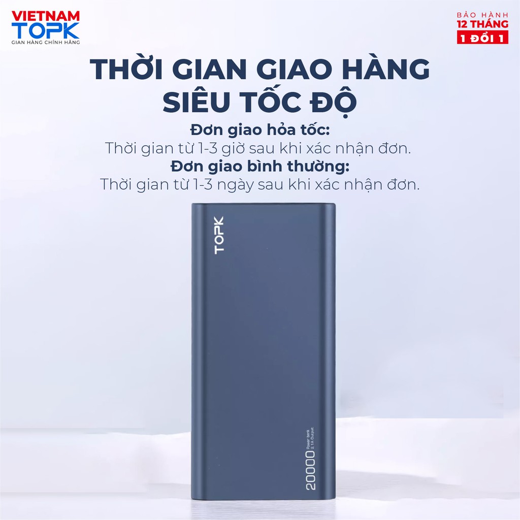 [CHÍNH HÃNG-BẢO HÀNH 12 THÁNG] Sạc dự phòng 20000mAh TOPK I2006 Màn hình LED - 2 cổng ra