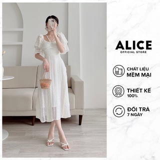 Váy ren trắng tiểu thư alice chất vải ren co giãn dáng suông tay bồng chiết eo quyến rũ v826