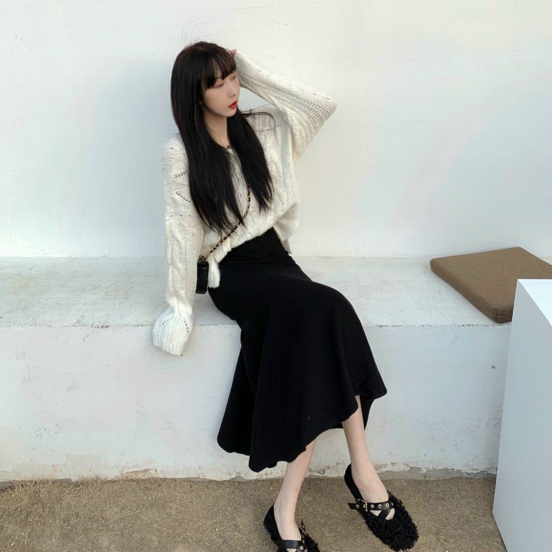 Chân váy đuôi cá dáng dài màu đen phong cách Ulzzang Hàn Quốc tôn dáng cực đỉnh lonakeng shop dài váy 75cm