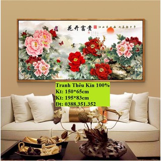 Tranh theu chữ thap hoa mẫu đơn kt 1m95