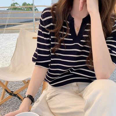 Áo Dệt Kim Thun Ngắn Tay Dáng Rộng Kẻ Sọc Kiểu Hàn Quốc Thời Trang Mùa Hè Cho Nữ | BigBuy360 - bigbuy360.vn