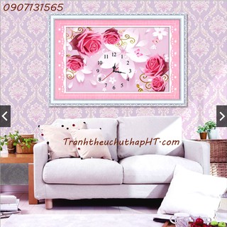 Tranh đính đá Đồng hồ hoa hồng 60*40cm đính full (tự đính)