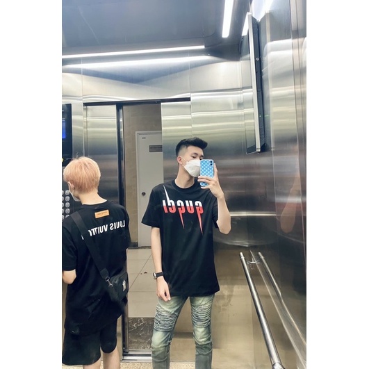 ÁO THUN Tay Lỡ GU*CCI CHỮ MÀU Tia Sét , ÁO THUN NAM NỮ UNISEX