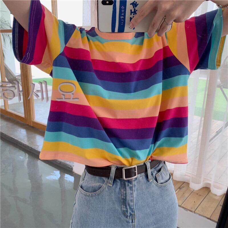 ÁO THUN CROPTOP RAINBOW FORM RỘNG TAY LỠ ULZZANG - ÁO NHÓM CROP NGẮN TAY SỌC NGANG CẦU VỒNG 27 | BigBuy360 - bigbuy360.vn