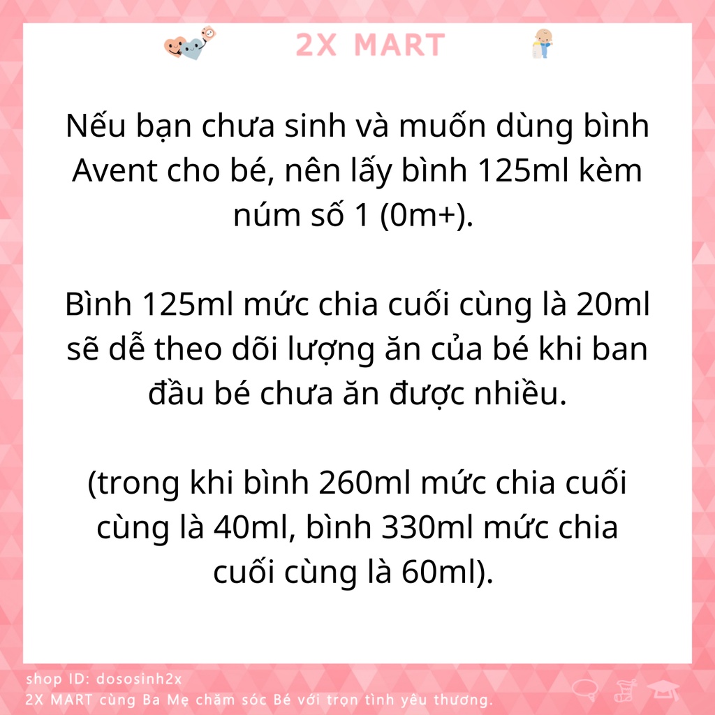 Bình sữa Avent Natural 125 260 330ml được chọn núm 0m 3m 6m 9m Y [Cam kết chính hãng] - 2X MART