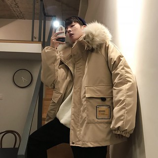 Áo khoác đệm Cotton mùa đông nam dáng rộng có mũ trùm đầu Áo khoác độn bông Phiên bản Hàn Quốc Hợp thời trang Đệm lông cừu dày