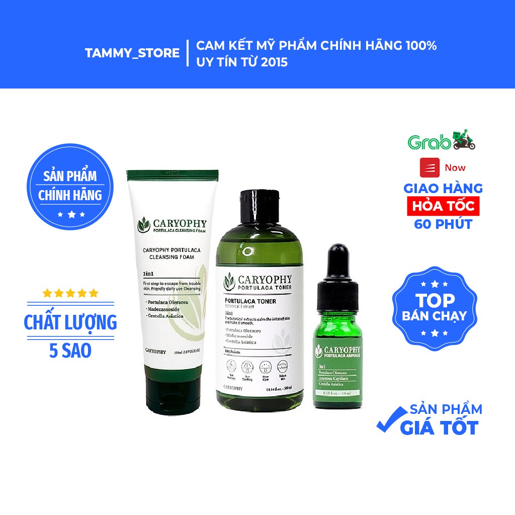 Bộ sản phẩm ngăn mụn và chữa mụn Sữa rửa mặt - Toner - Serum Caryophy Portulaca Ampoule