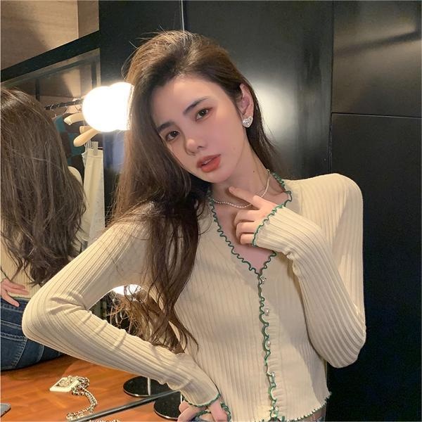 Áo kiểu ZHELIHANGFEI vải dệt kim tay dài cổ chữ V lưng cao kiểu dáng quyến rũ