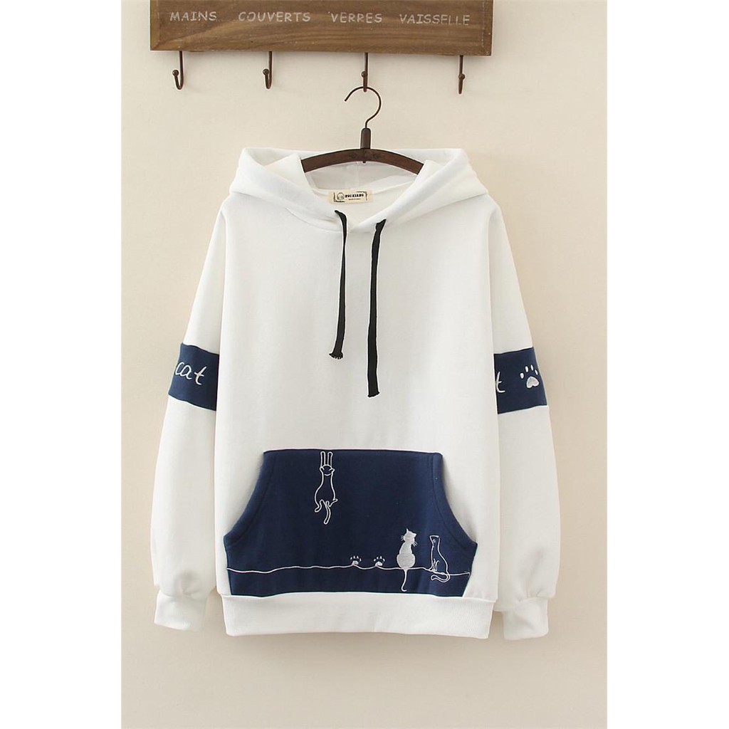 Áo hoodie, áo khoác nam nữ thời trang mùa đông phối nón đơn giãn họa tiết mèo leo tường cute